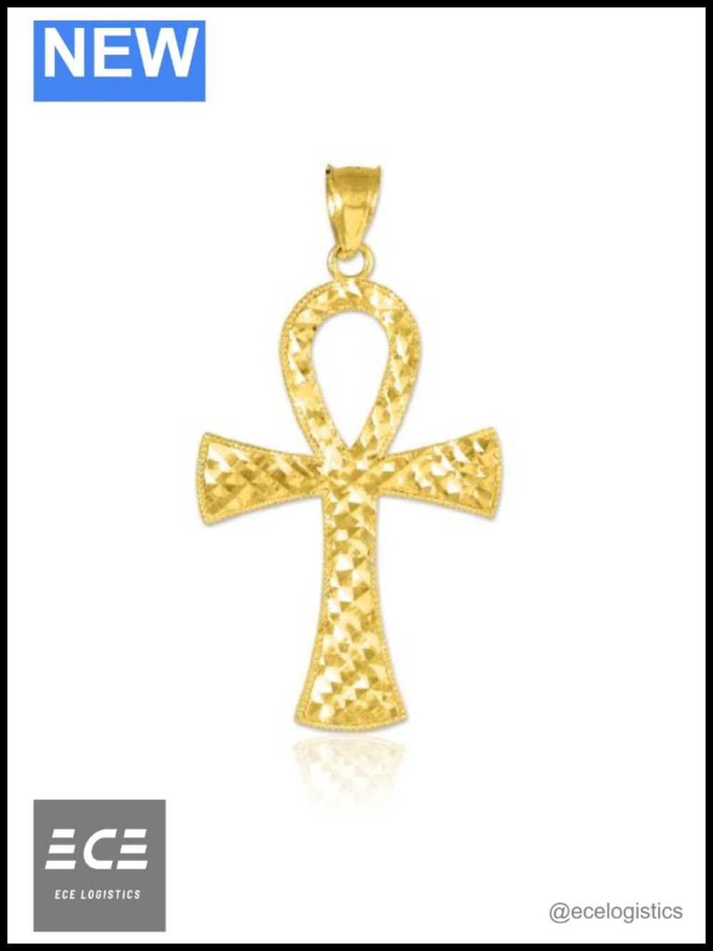 10K Gold Diamond Plate Milgrain Egyptian Ankh Cross Pendant Necklace